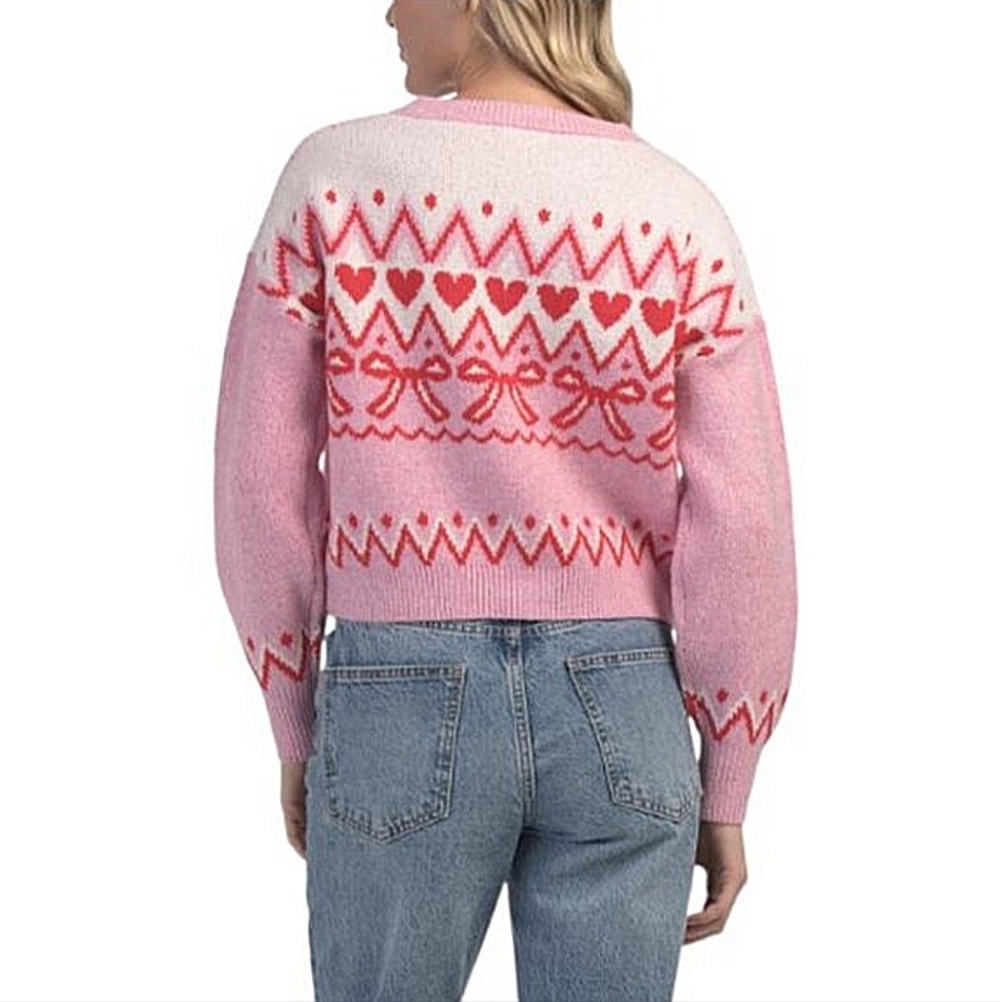 NWT Paris Hilton Pullover Crewneck Sweater Pink Hearts Bows | Women's Size L - Picture 2 of 9